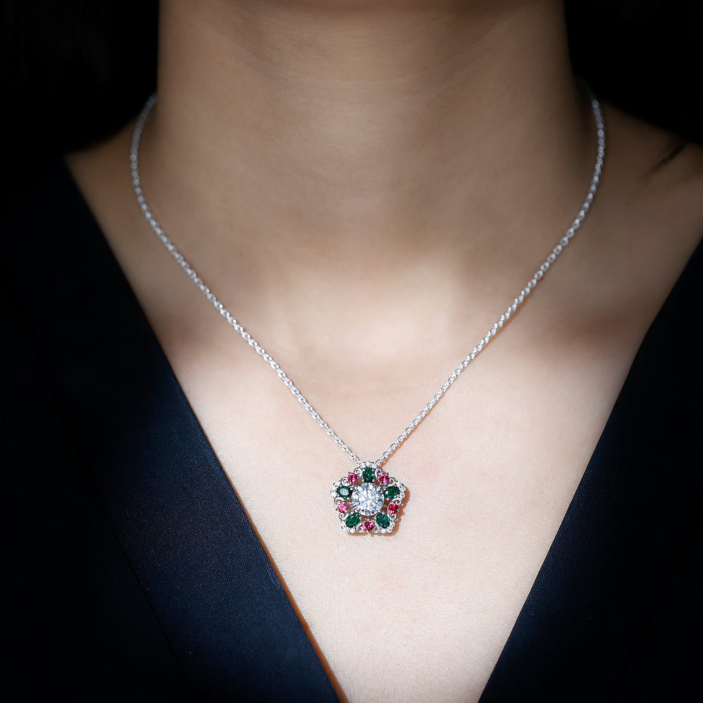 Certified 8MM Moissanite Vintage Flower Necklace with Lab Ruby and Emerald
