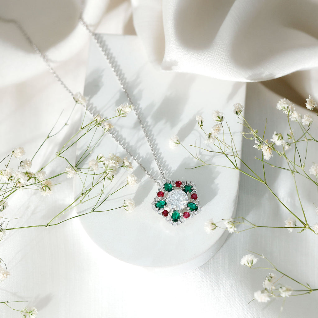 Certified 8MM Moissanite Vintage Flower Necklace with Lab Ruby and Emerald