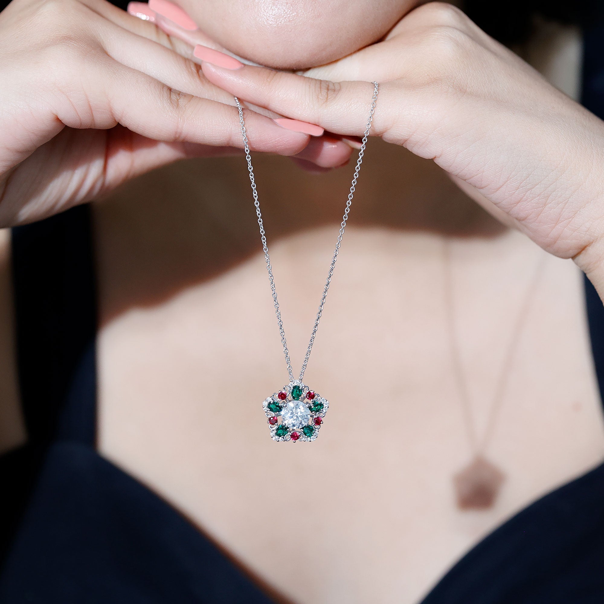 Certified 8MM Moissanite Vintage Flower Necklace with Lab Ruby and Emerald