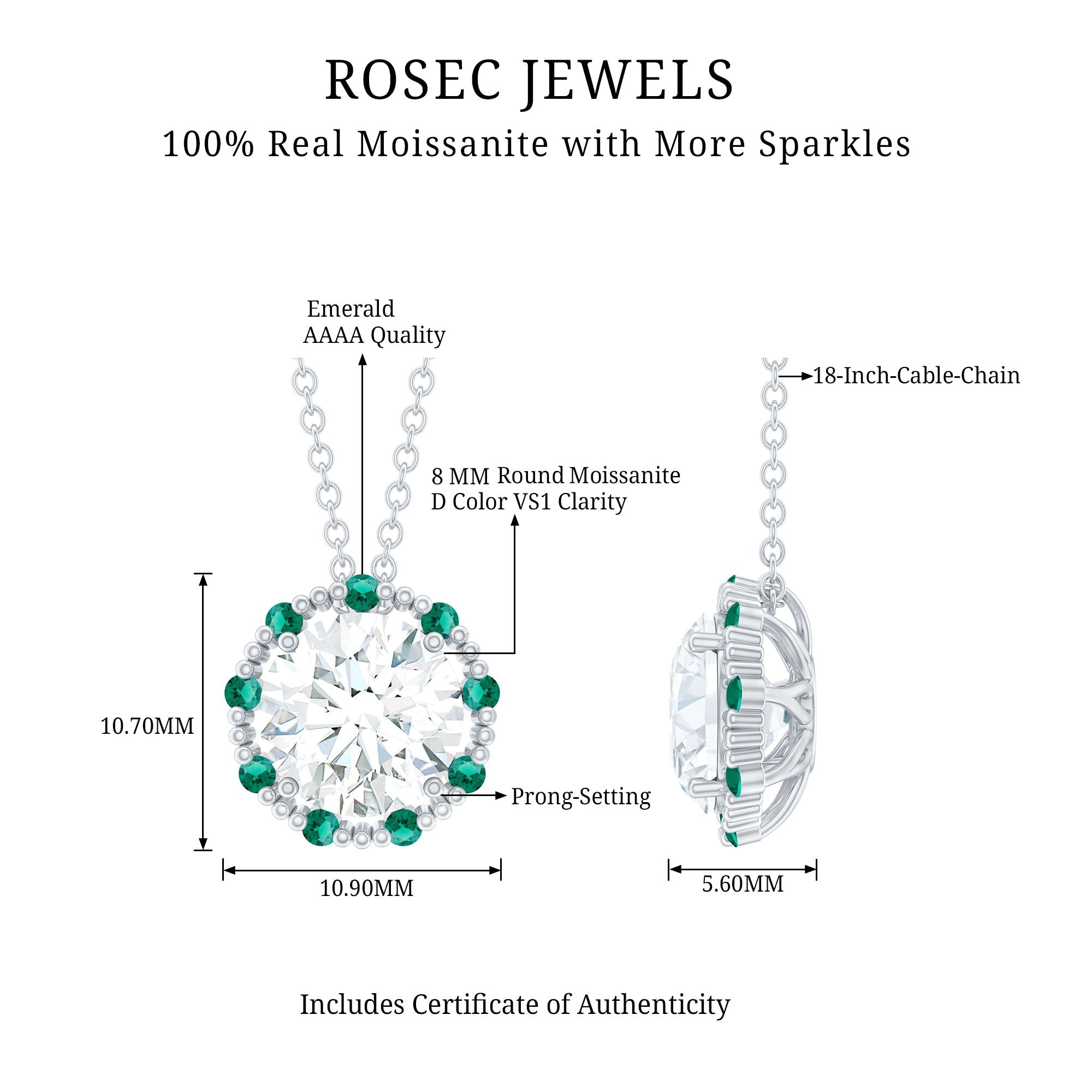 Vintage Style 2 CT Moissanite Solitaire Pendant with Lab Emerald