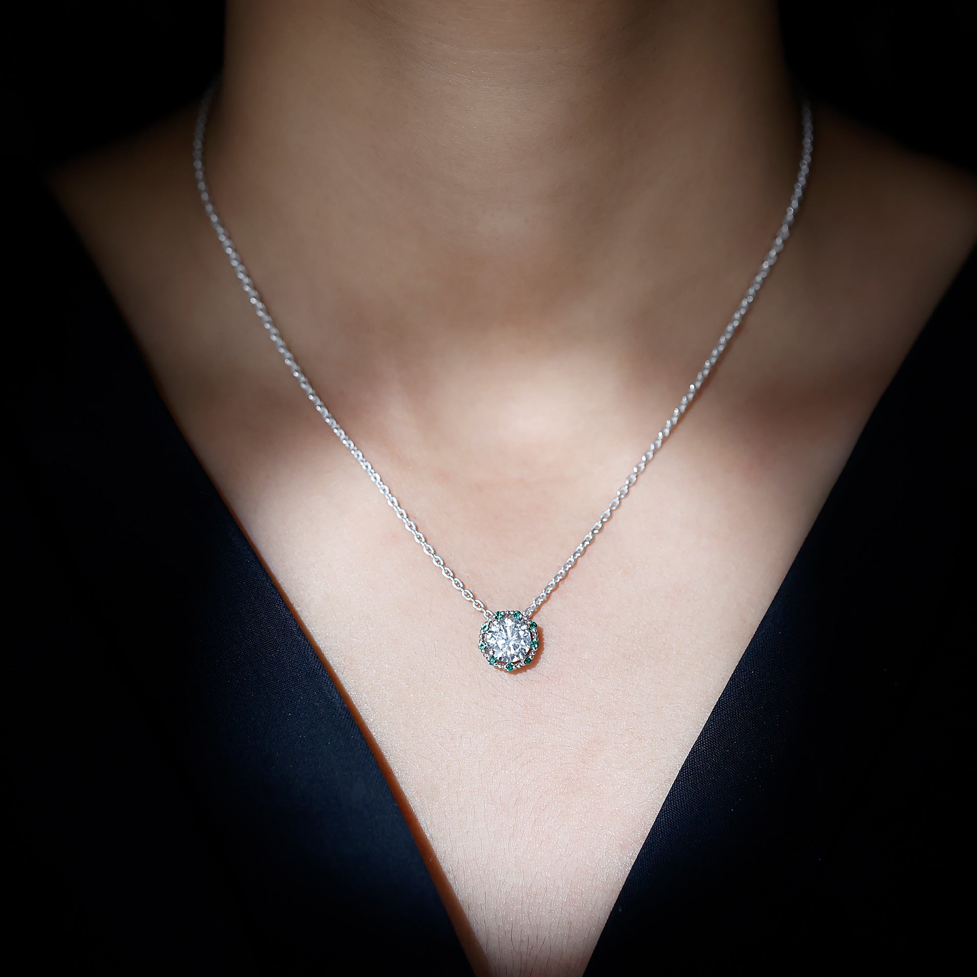 Vintage Style 2 CT Moissanite Solitaire Pendant with Lab Emerald