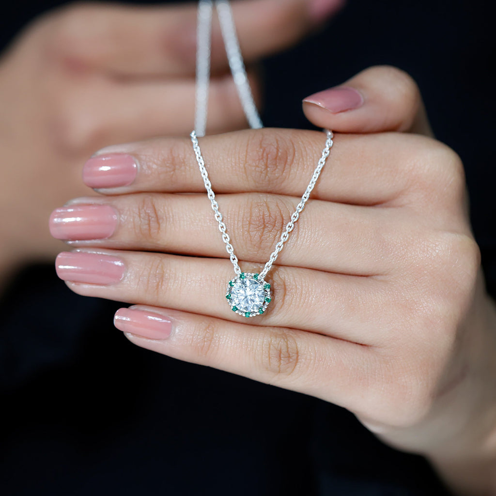 Vintage Style 2 CT Moissanite Solitaire Pendant with Lab Emerald