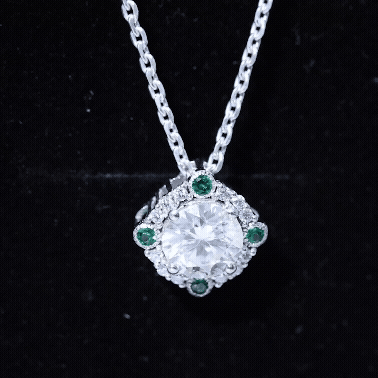 Moissanite Vintage Inspired Necklace with Lab Emerald
