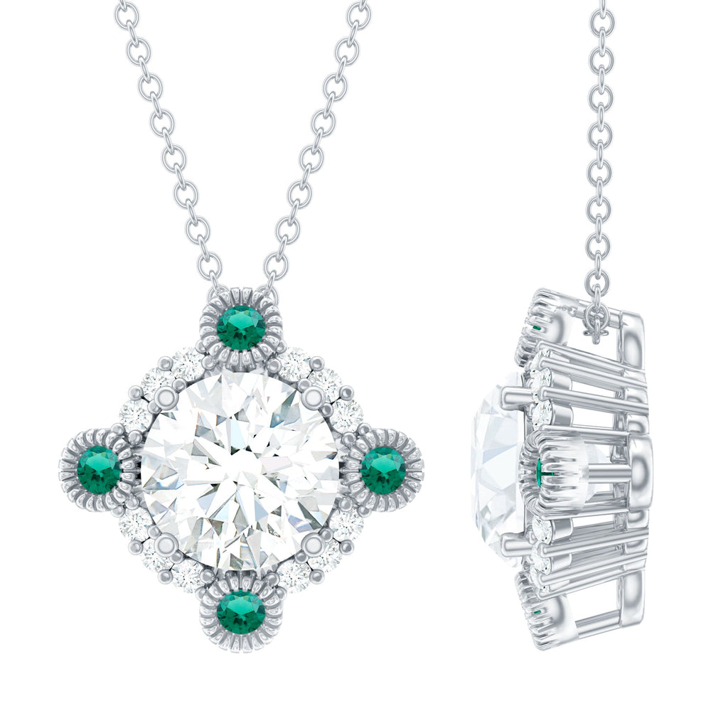 Moissanite Vintage Inspired Necklace with Lab Emerald
