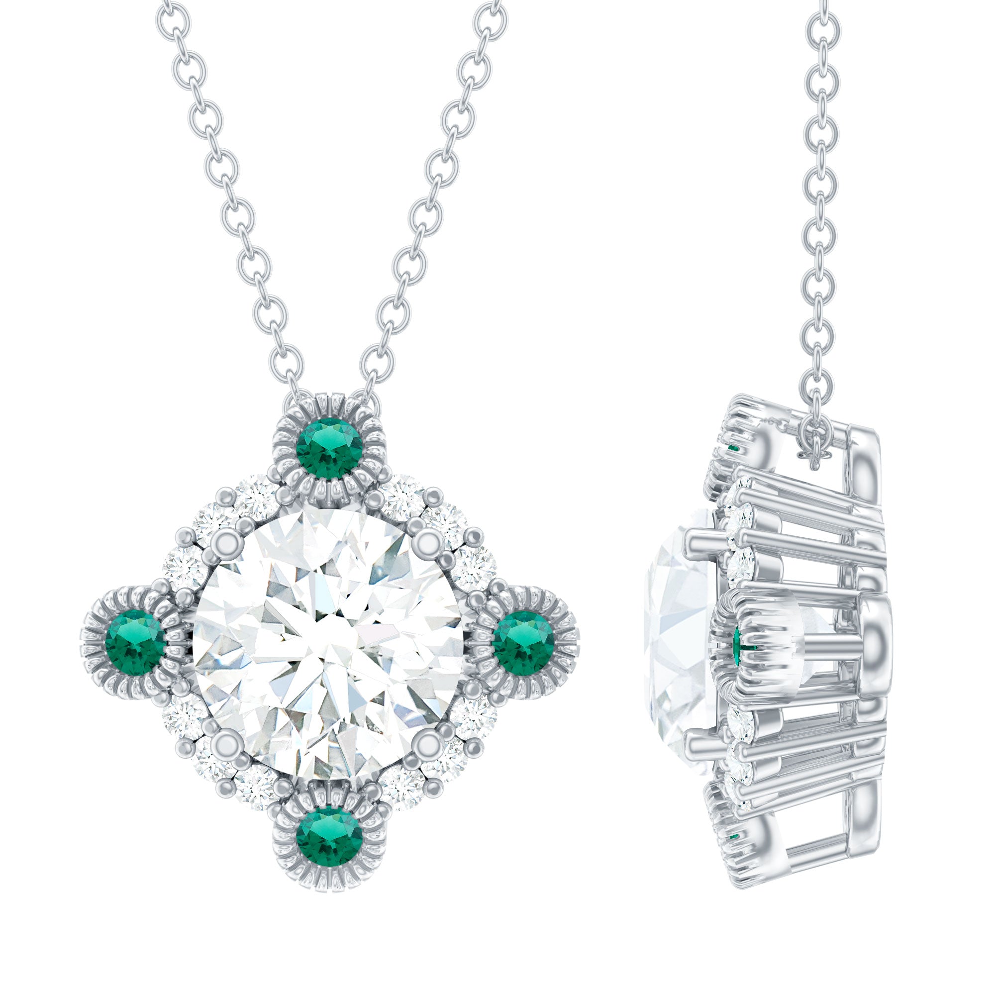 Moissanite Vintage Inspired Necklace with Lab Emerald