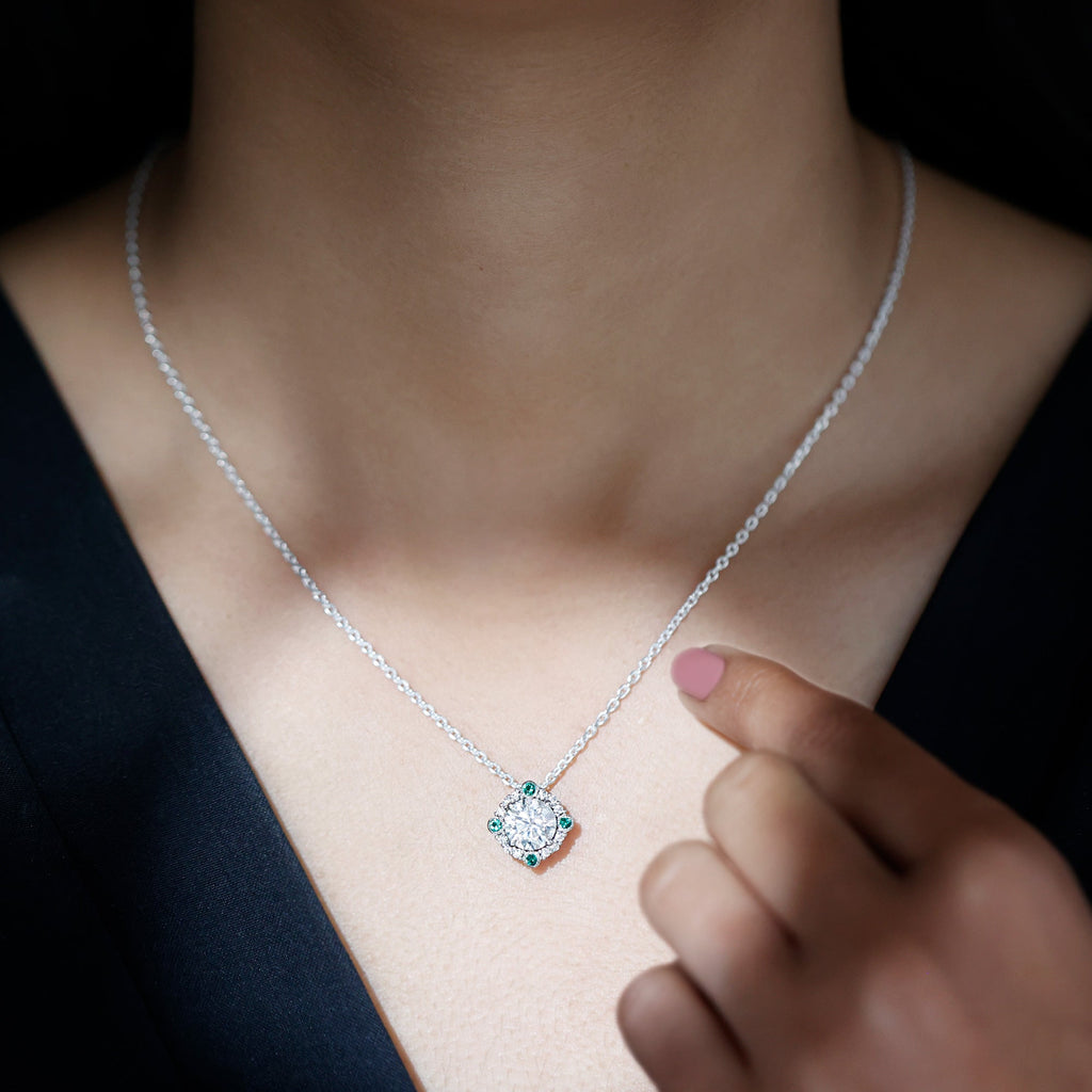 Moissanite Vintage Inspired Necklace with Lab Emerald