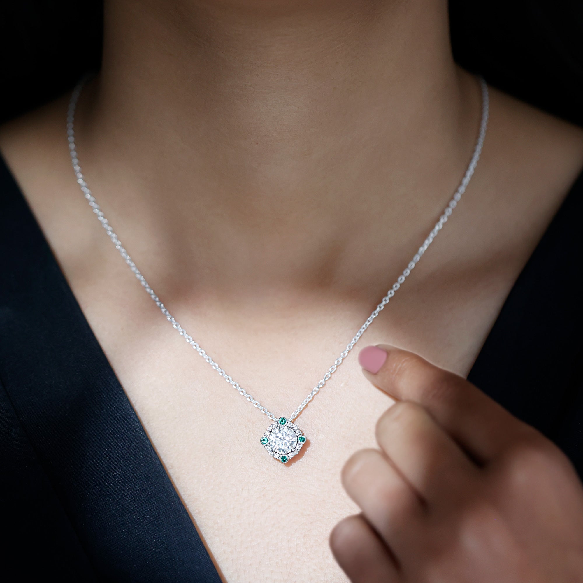 Moissanite Vintage Inspired Necklace with Lab Emerald