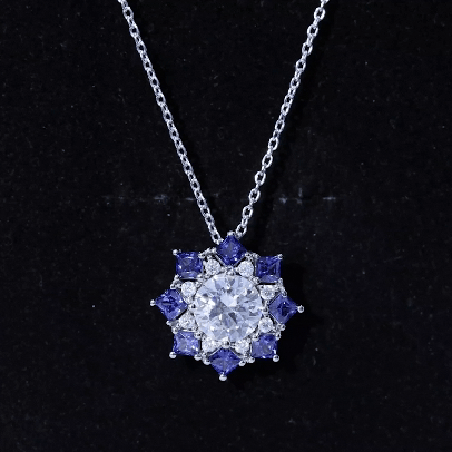 Certified 2 Carat Moissanite and Lab Blue Sapphire Halo Pendant with Silver Chain