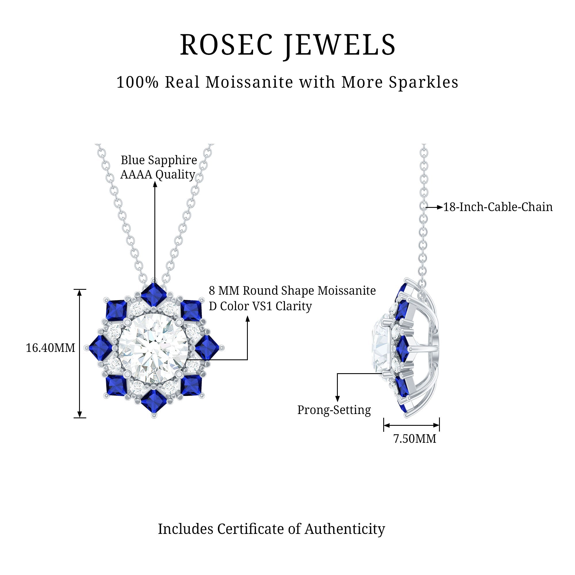 Certified 2 Carat Moissanite and Lab Blue Sapphire Halo Pendant with Silver Chain