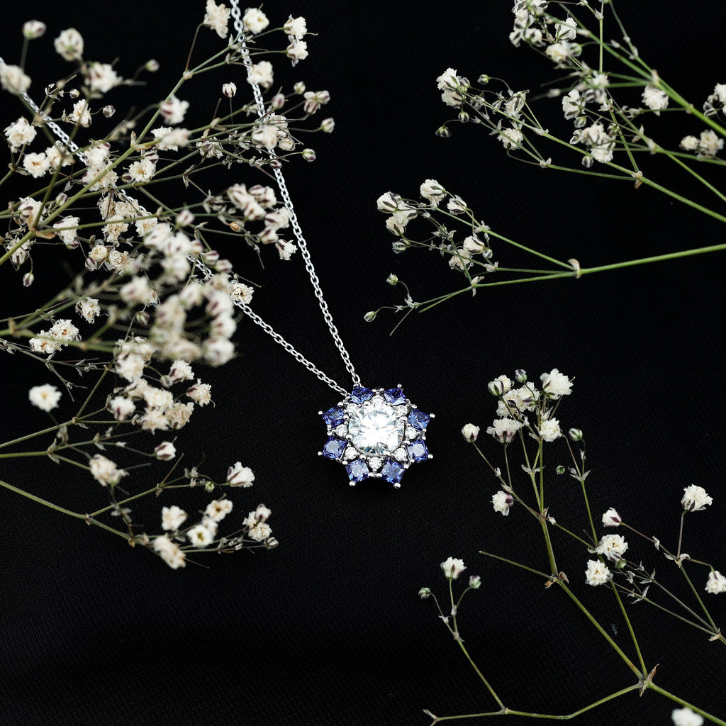 Certified 2 Carat Moissanite and Lab Blue Sapphire Halo Pendant with Silver Chain