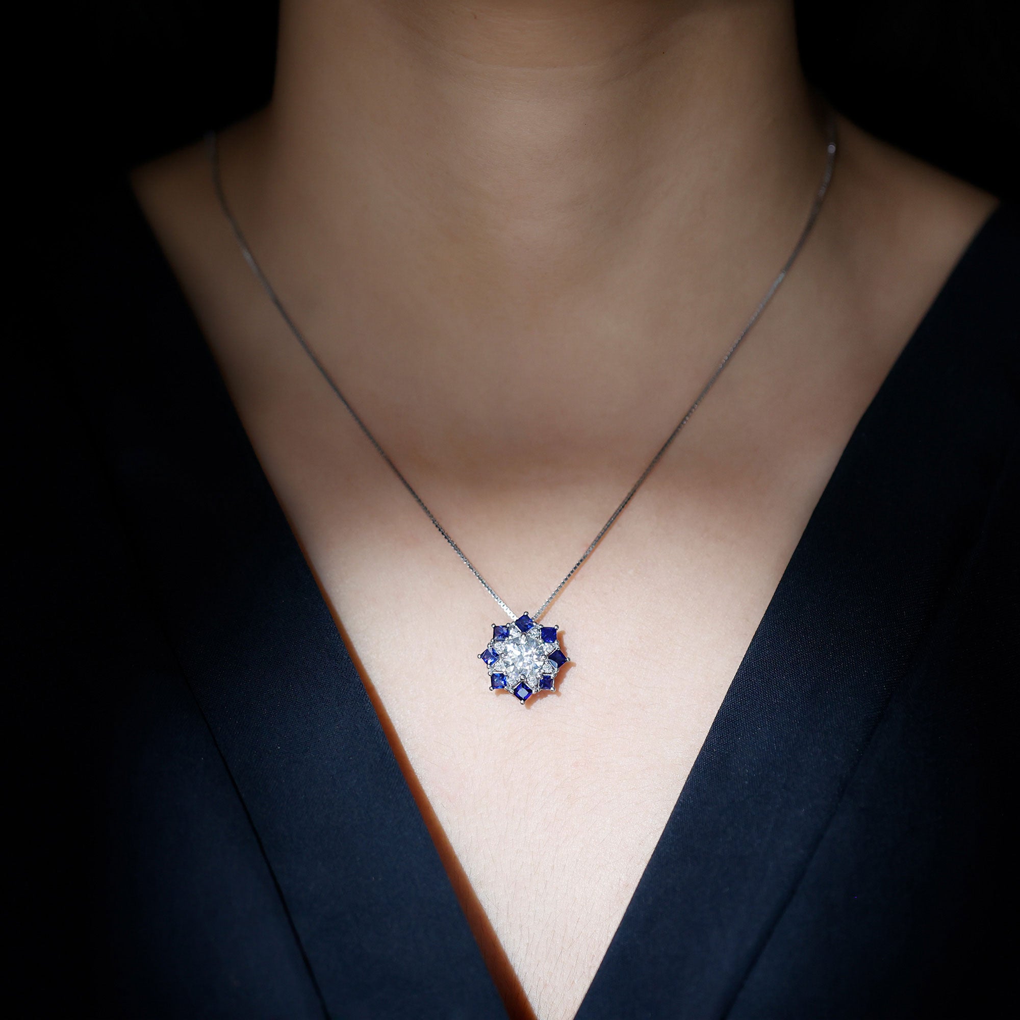 Certified 2 Carat Moissanite and Lab Blue Sapphire Halo Pendant with Silver Chain
