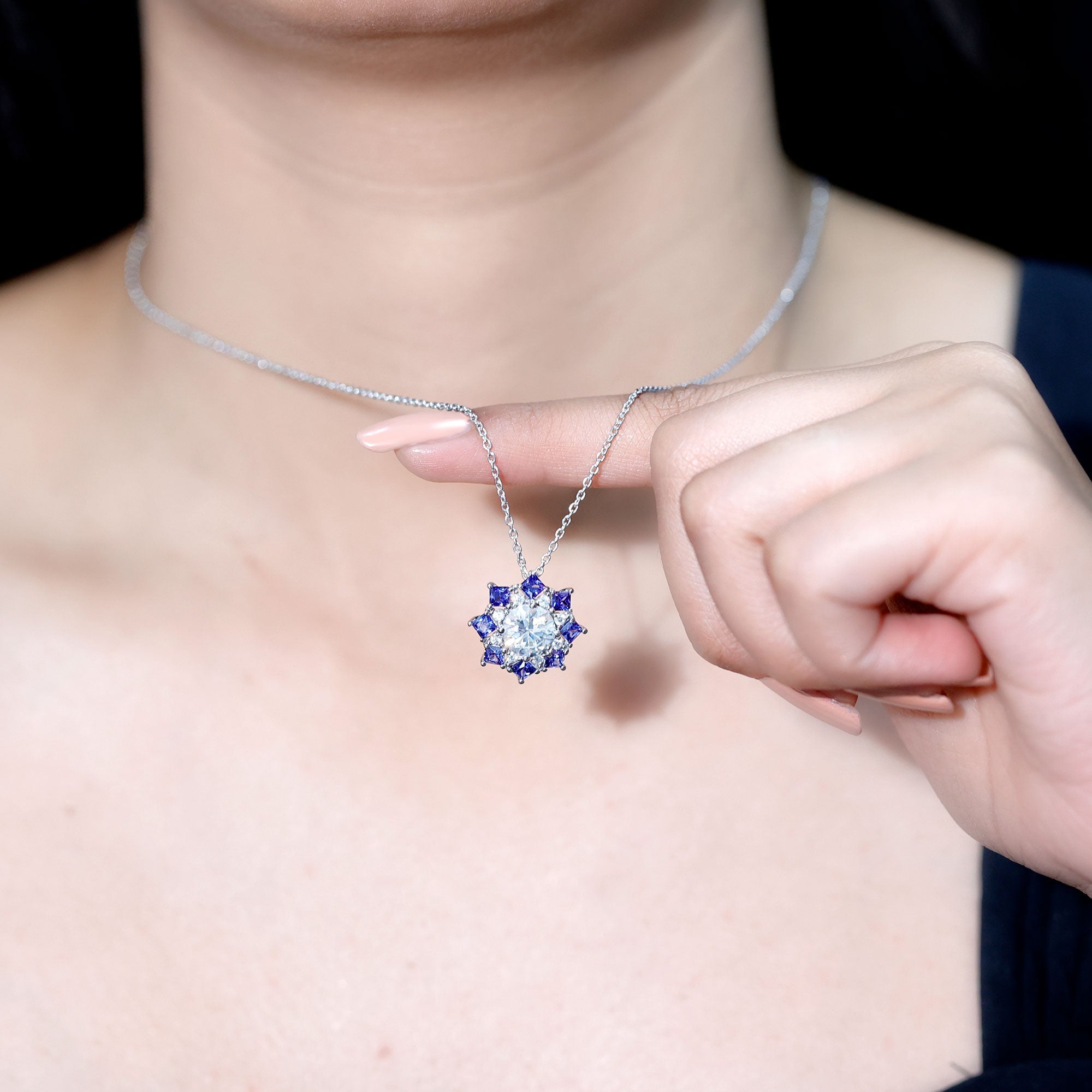 Certified 2 Carat Moissanite and Lab Blue Sapphire Halo Pendant with Silver Chain