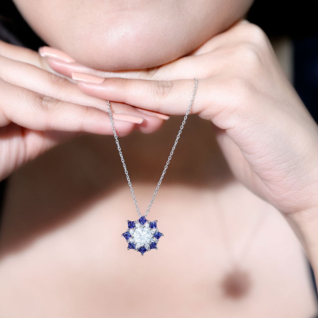 Certified 2 Carat Moissanite and Lab Blue Sapphire Halo Pendant with Silver Chain