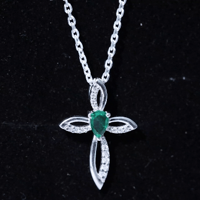 Pear Shape Lab Emerald and Moissanite Cross Pendant with Silver Chain