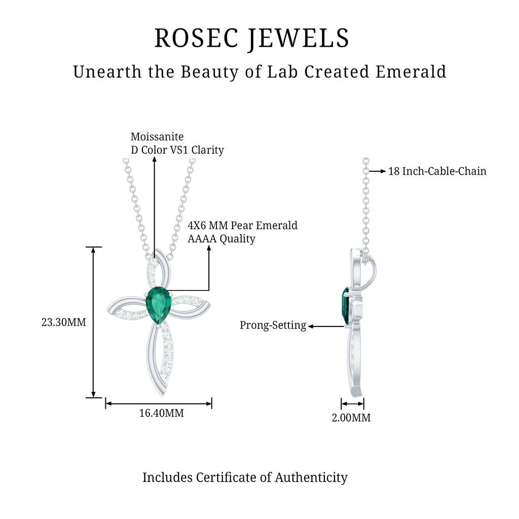 Pear Shape Lab Emerald and Moissanite Cross Pendant with Silver Chain