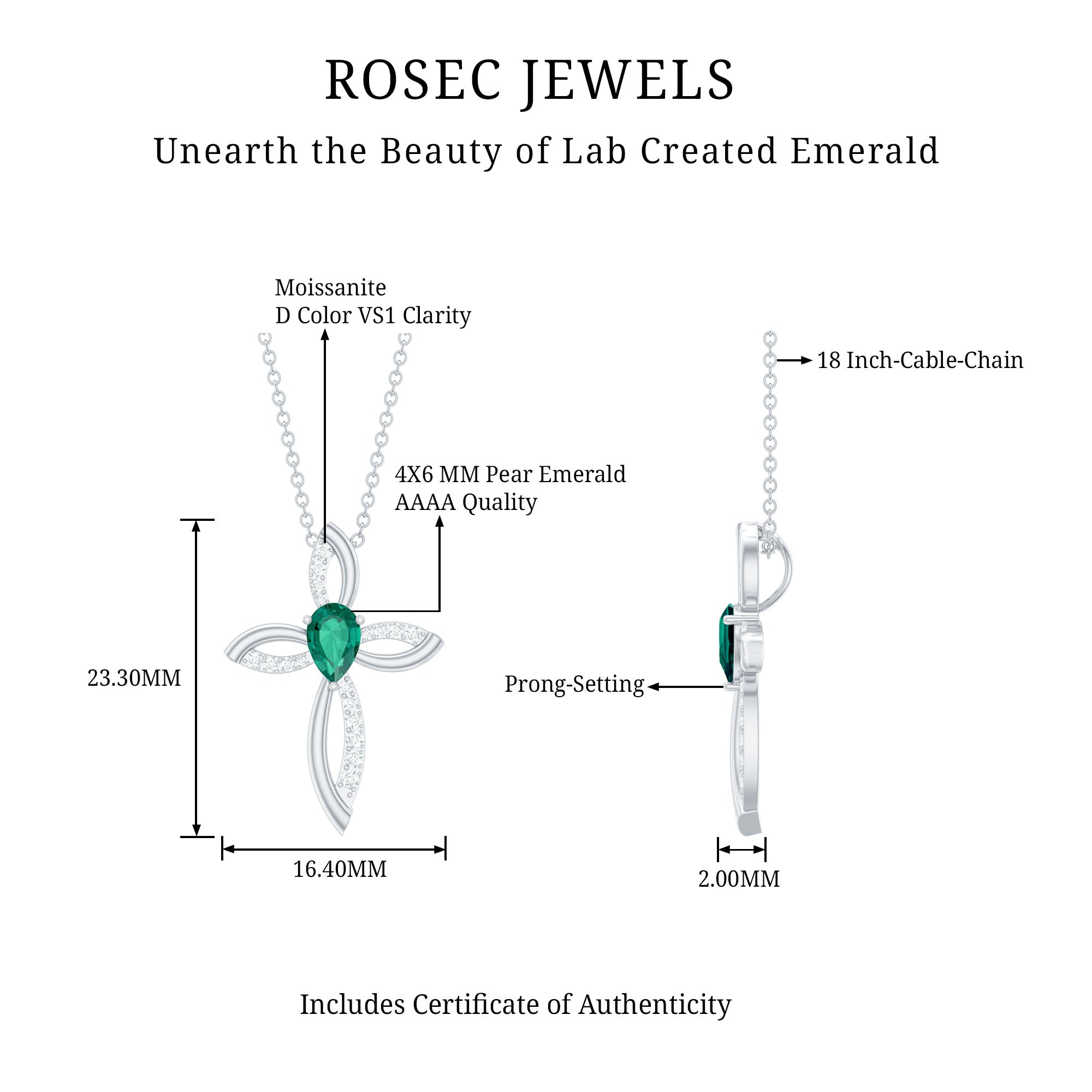 Pear Shape Lab Emerald and Moissanite Cross Pendant with Silver Chain