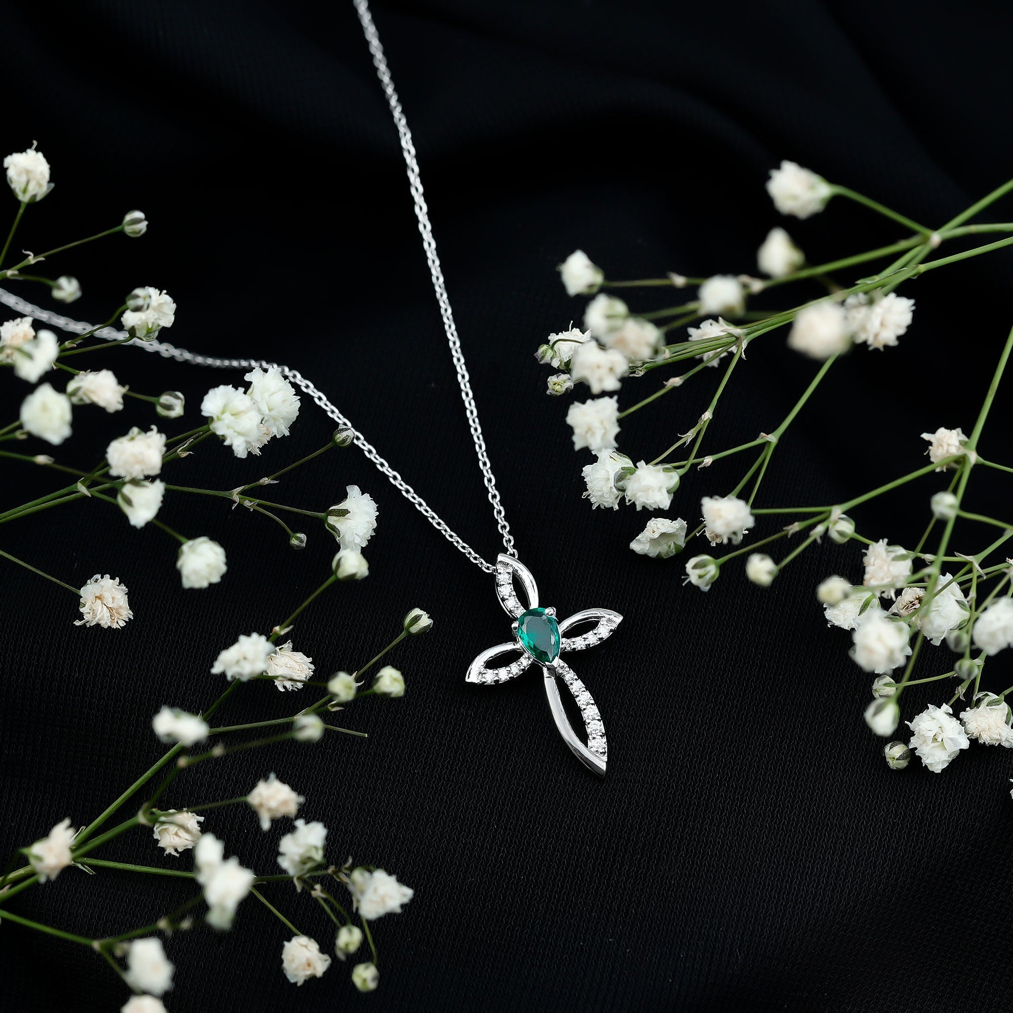Pear Shape Lab Emerald and Moissanite Cross Pendant with Silver Chain