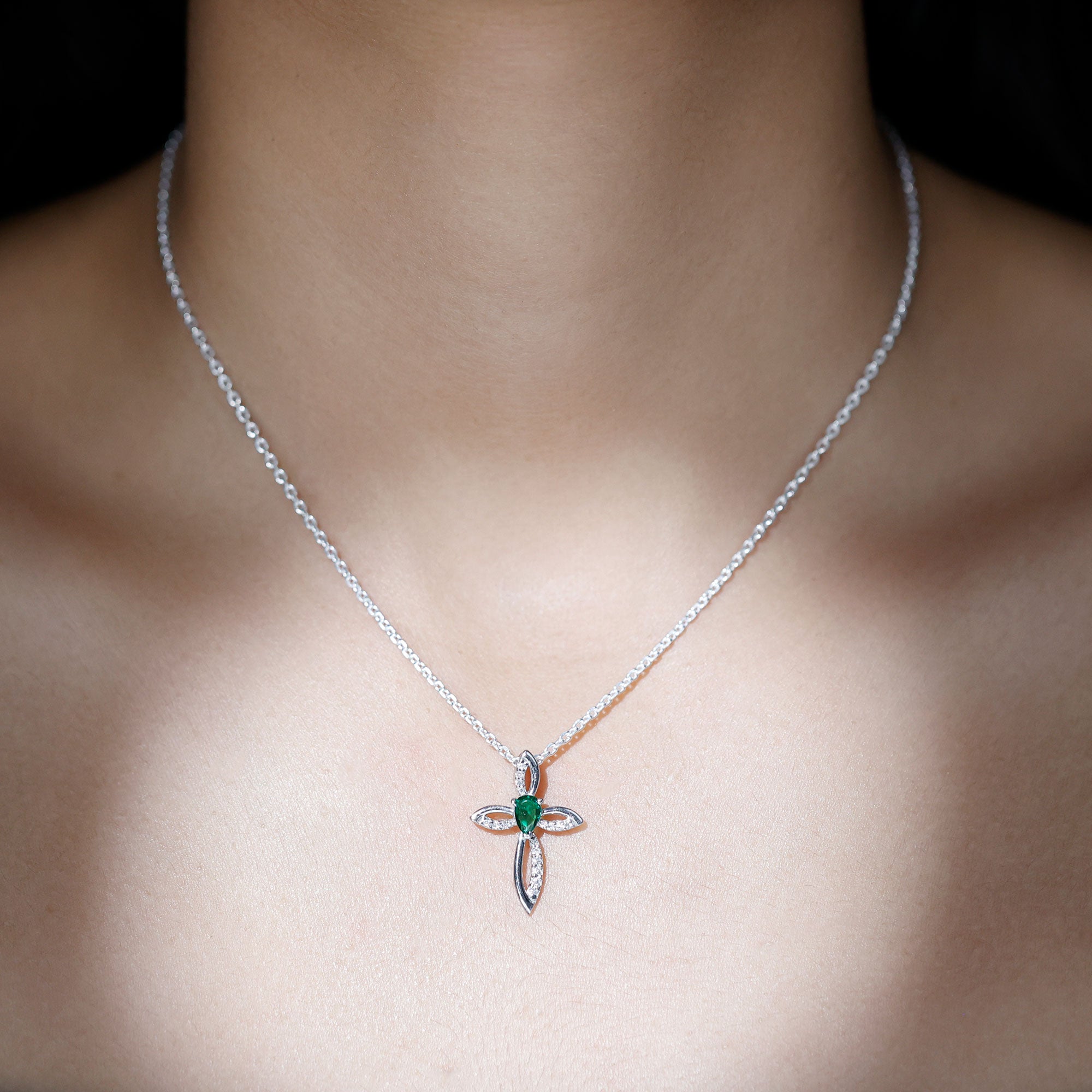 Pear Shape Lab Emerald and Moissanite Cross Pendant with Silver Chain
