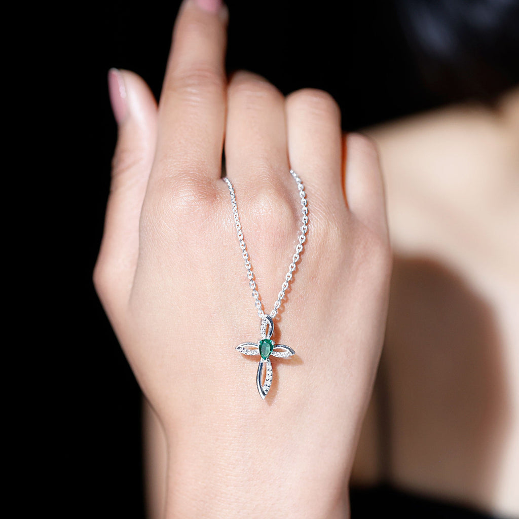 Pear Shape Lab Emerald and Moissanite Cross Pendant with Silver Chain