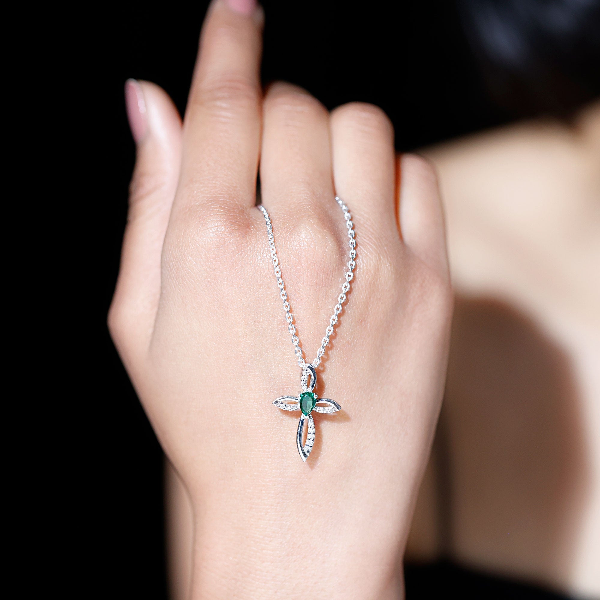 Pear Shape Lab Emerald and Moissanite Cross Pendant with Silver Chain