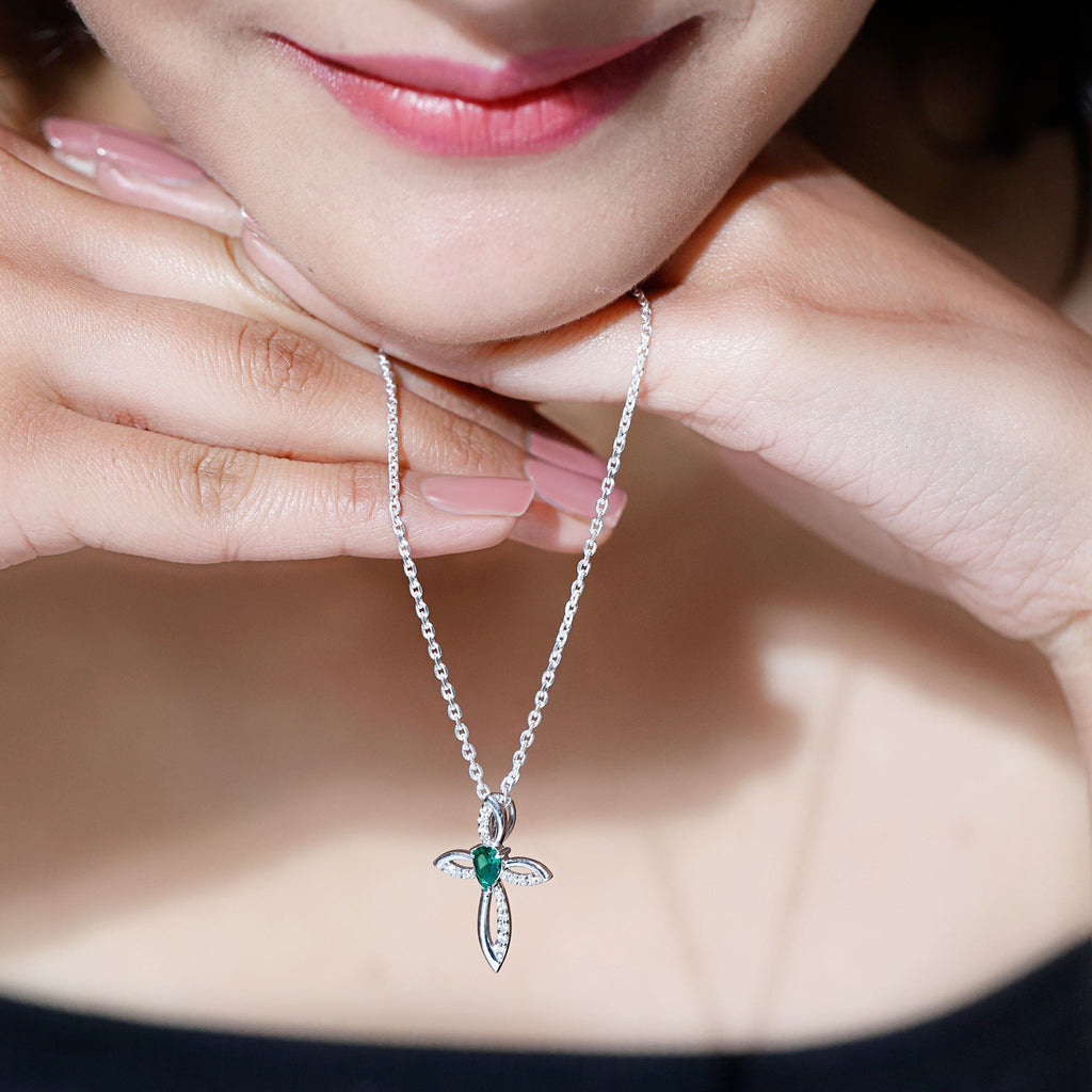 Pear Shape Lab Emerald and Moissanite Cross Pendant with Silver Chain