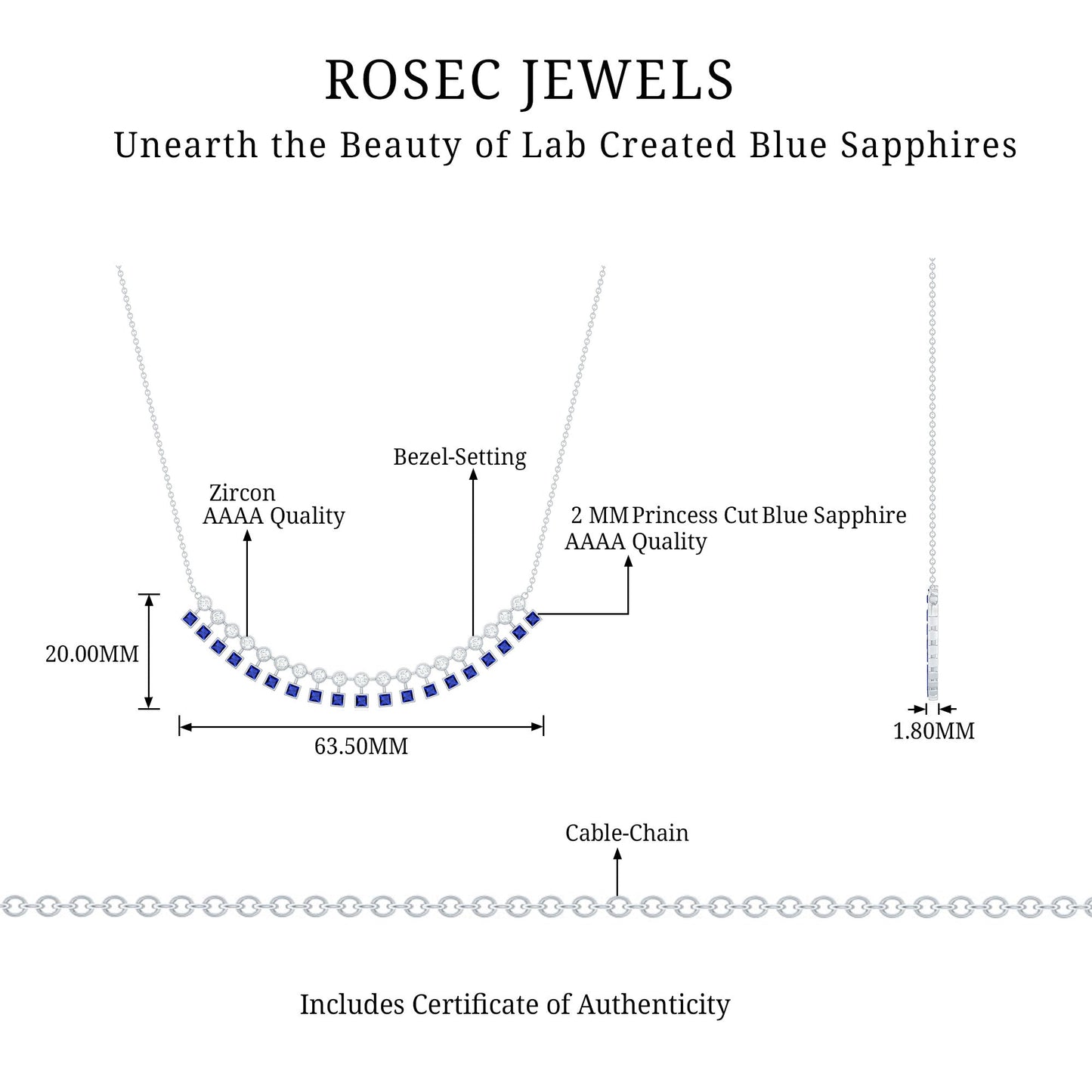 Lab Created Blue Sapphire Curved Bar Necklace for Wedding