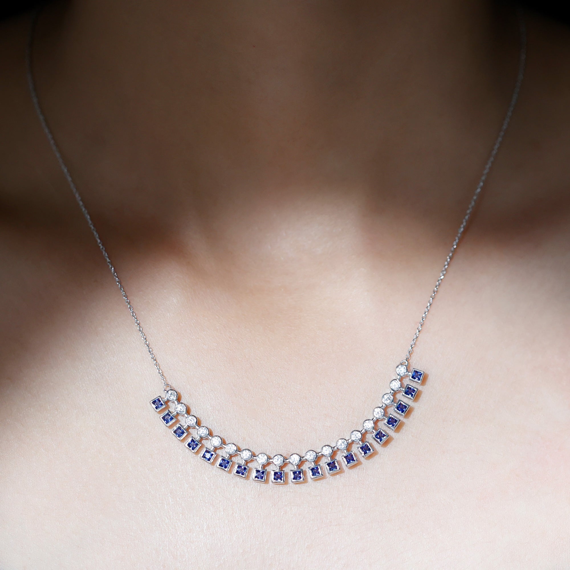 Lab Created Blue Sapphire Curved Bar Necklace for Wedding