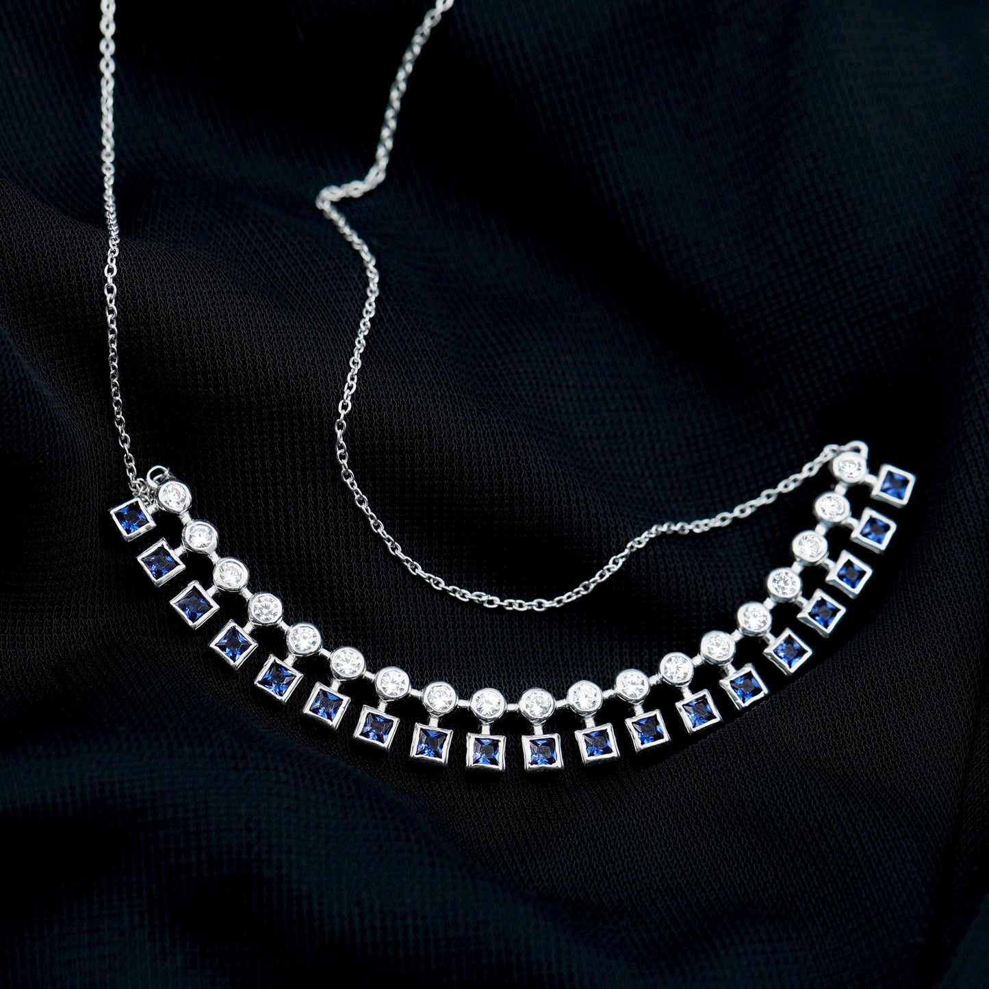 Lab Created Blue Sapphire Curved Bar Necklace for Wedding