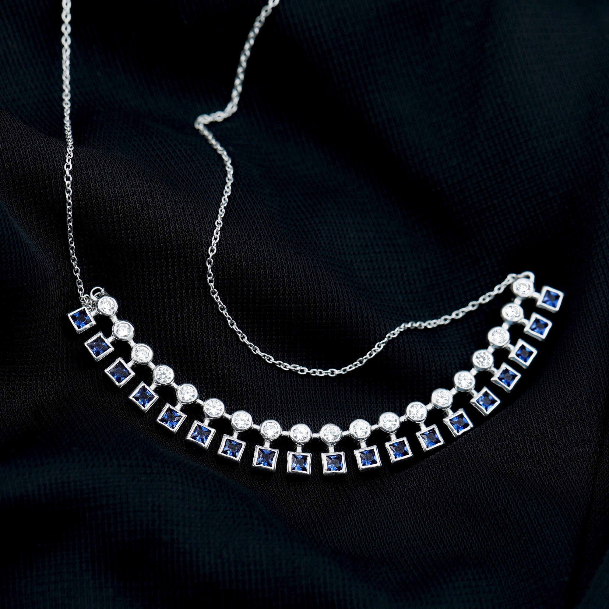 Lab Created Blue Sapphire Curved Bar Necklace for Wedding