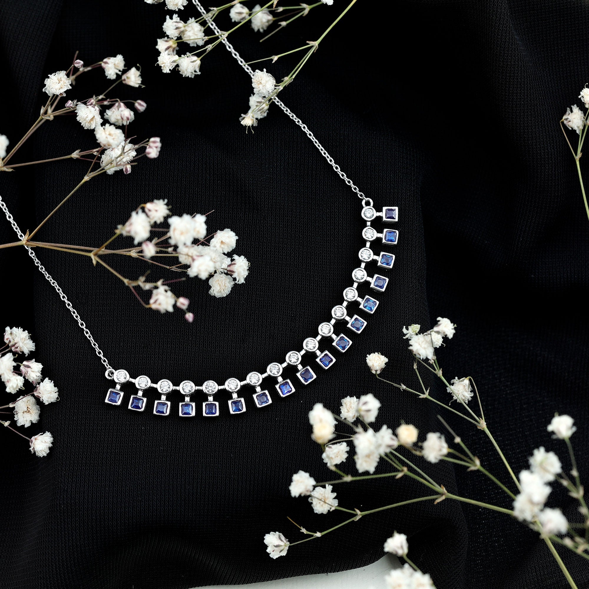 Lab Created Blue Sapphire Curved Bar Necklace for Wedding