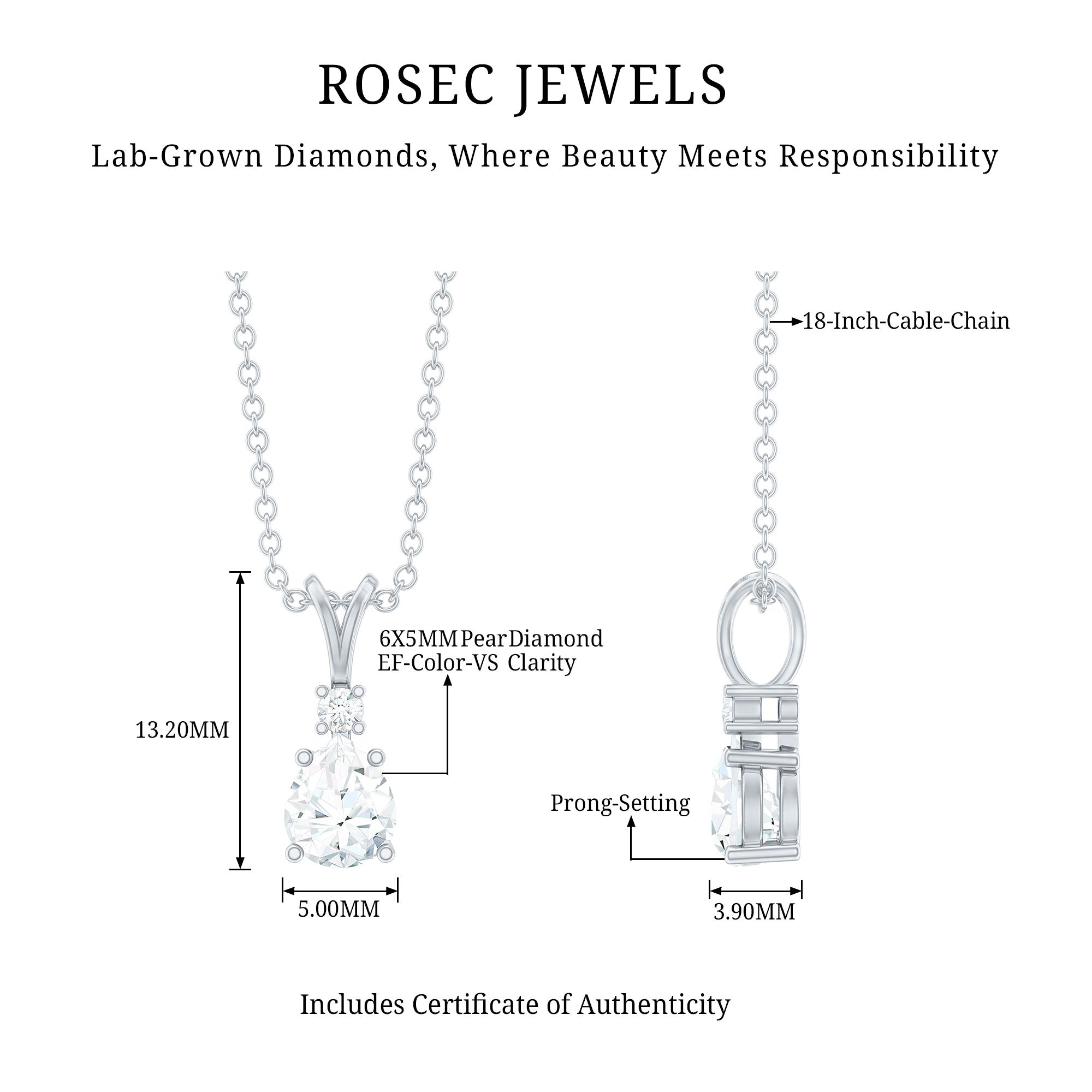6X5mm Pear Lab Grown Diamond Teardrop Necklace With Silver Chain