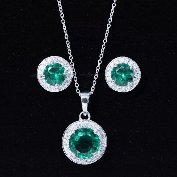 4.75 CT Classic Created Emerald Silver Halo Jewelry Set with Zircon