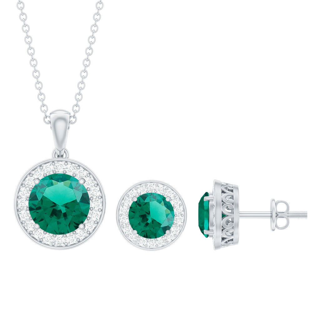 4.75 CT Classic Created Emerald Silver Halo Jewelry Set with Zircon