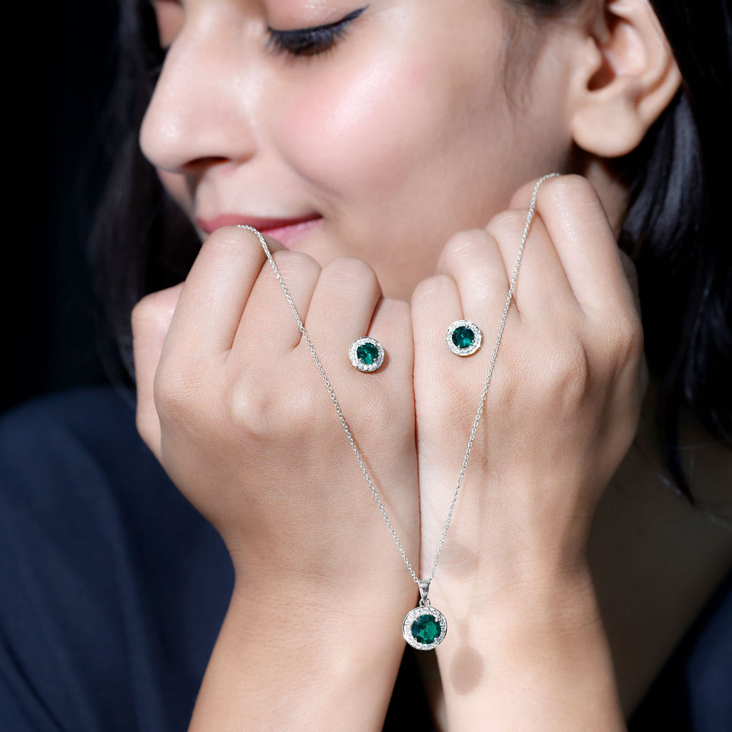 4.75 CT Classic Created Emerald Silver Halo Jewelry Set with Zircon