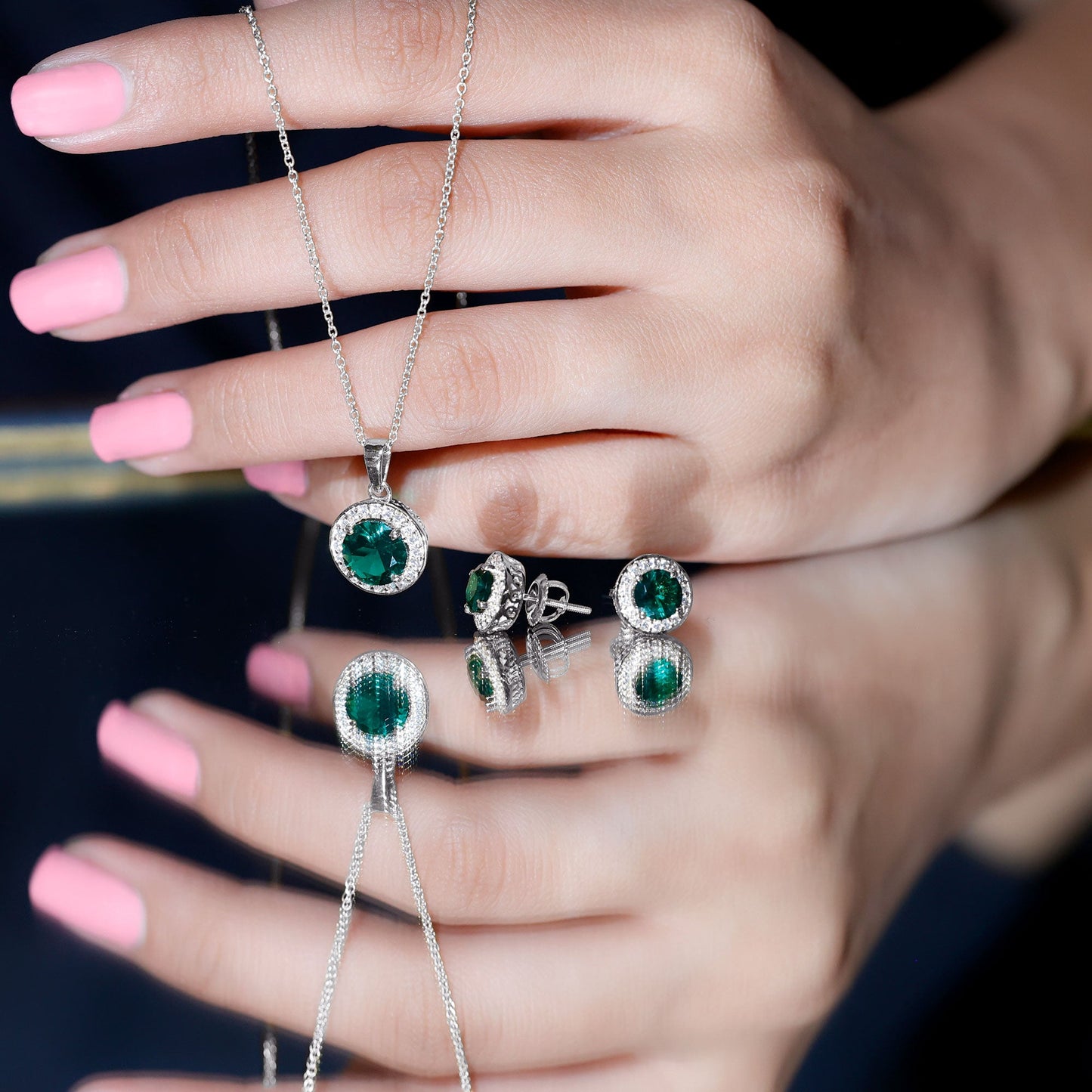 4.75 CT Classic Created Emerald Silver Halo Jewelry Set with Zircon