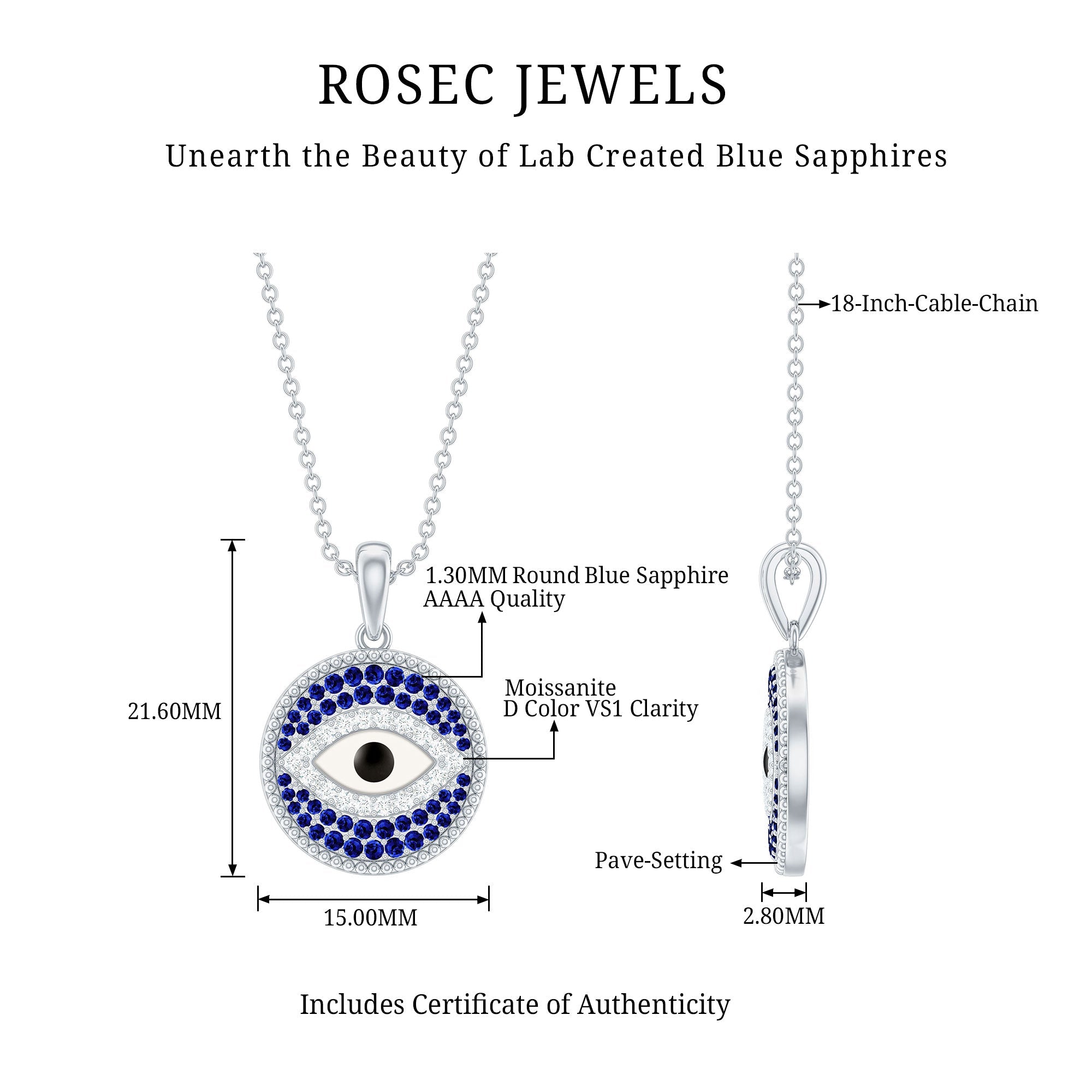 Evil Eye Necklace With Moissanite and Sapphire