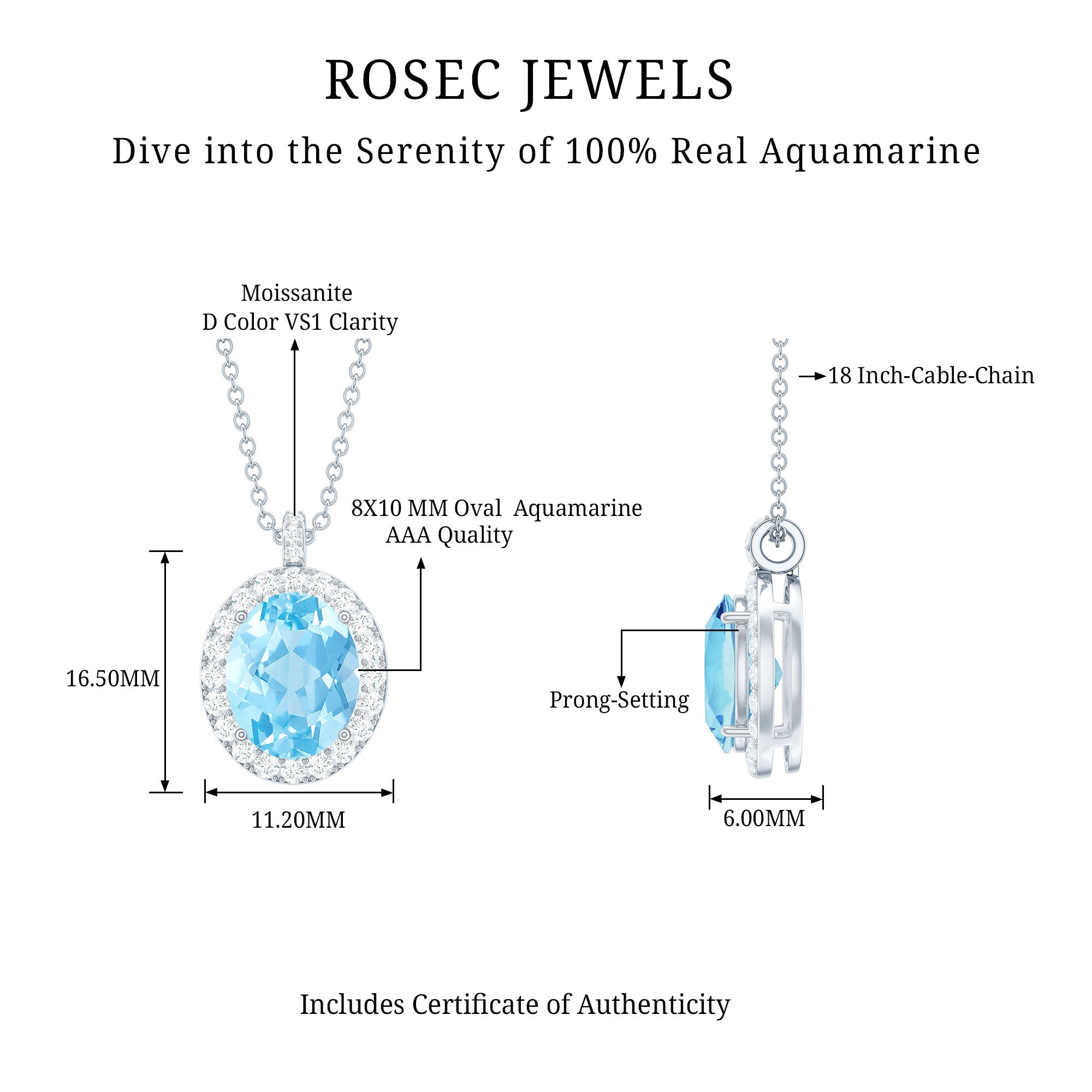 Oval Shaped 8X10 MM Aquamarine Statement Necklace Moissanite Halo
