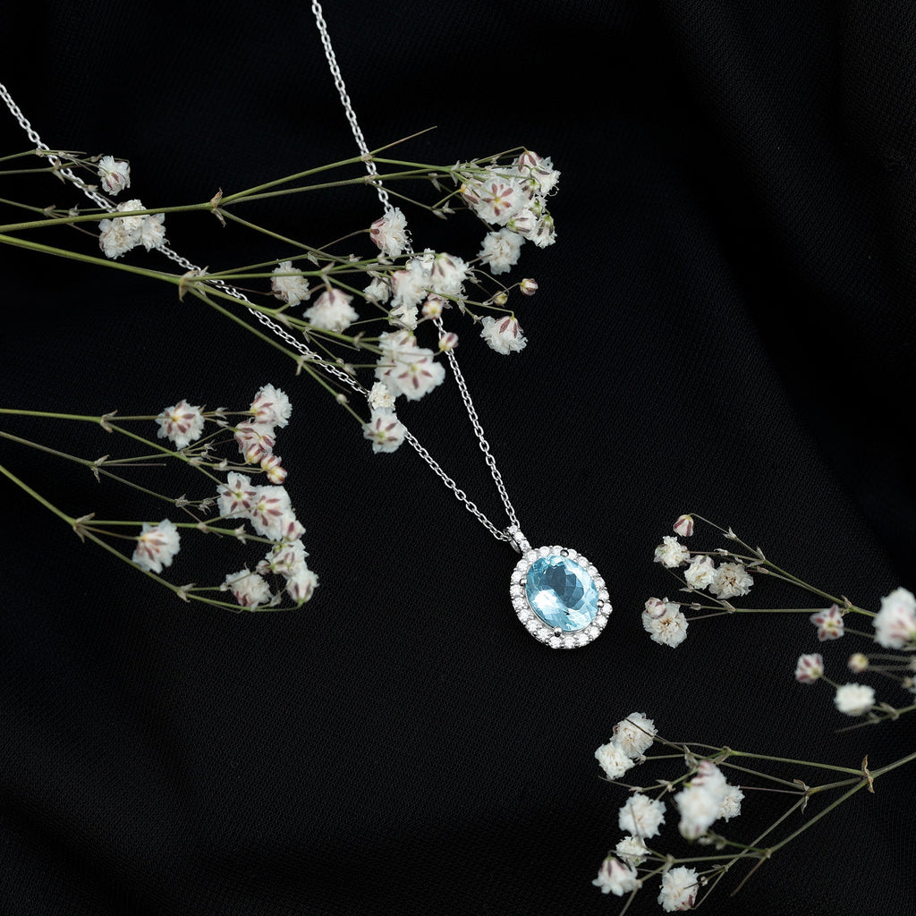 Oval Shaped 8X10 MM Aquamarine Statement Necklace Moissanite Halo