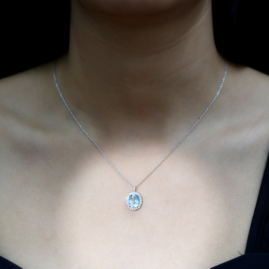 Oval Shaped 8X10 MM Aquamarine Statement Necklace Moissanite Halo
