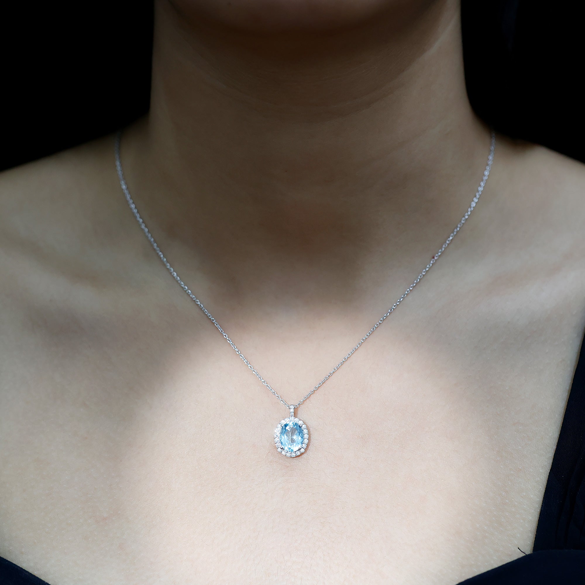 Oval Shaped 8X10 MM Aquamarine Statement Necklace Moissanite Halo