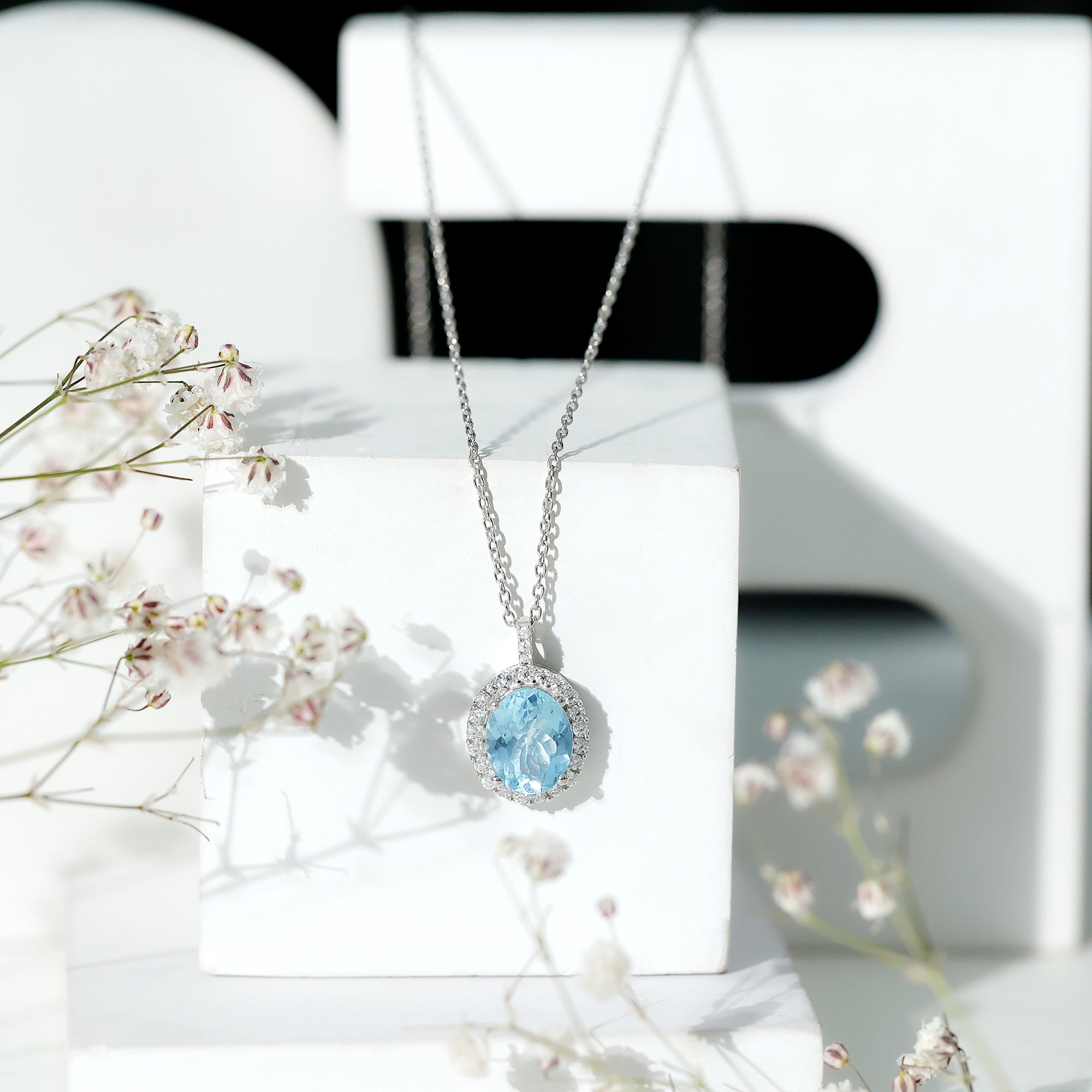Oval Shaped 8X10 MM Aquamarine Statement Necklace Moissanite Halo