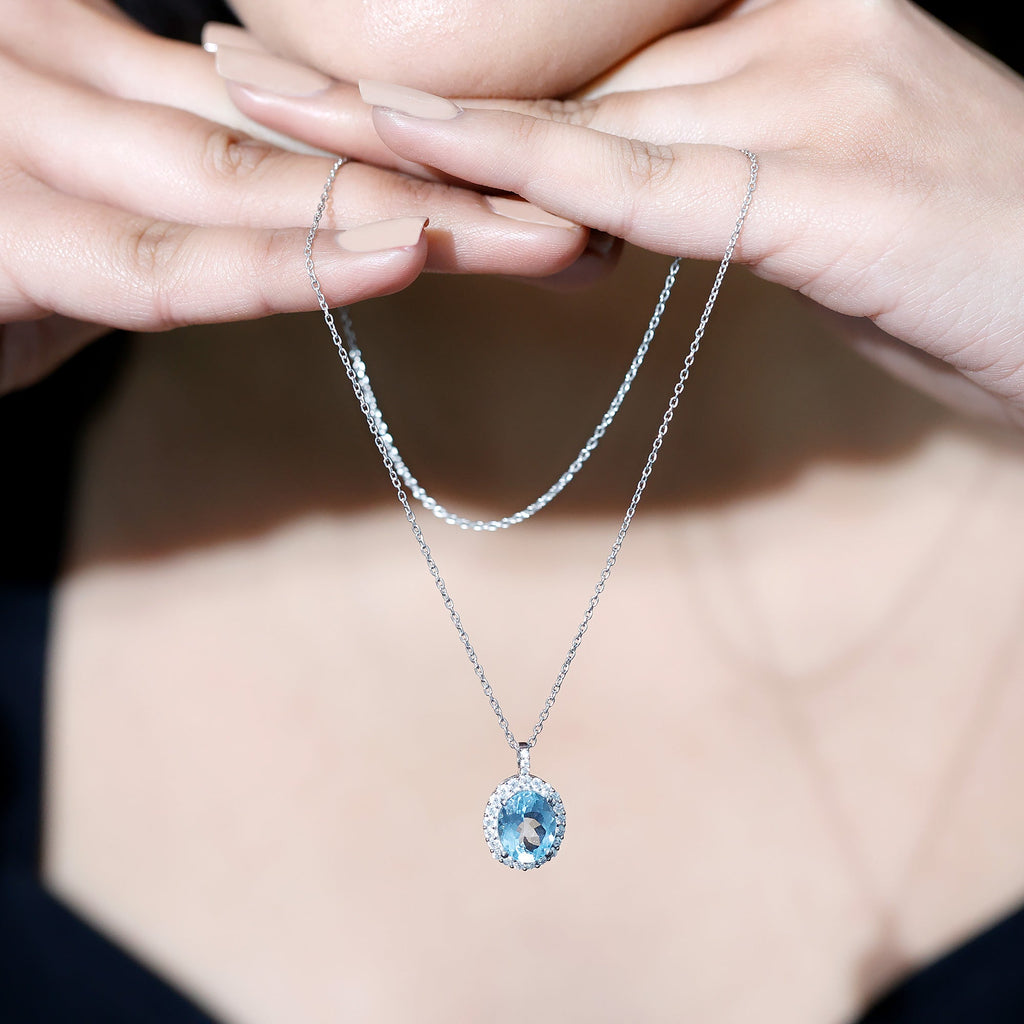 Oval Shaped 8X10 MM Aquamarine Statement Necklace Moissanite Halo