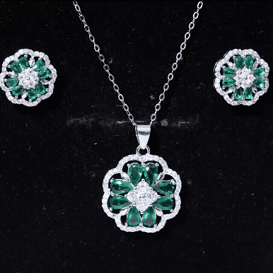Lab Created Emerald and CZ Flower Necklace and Earrings Set