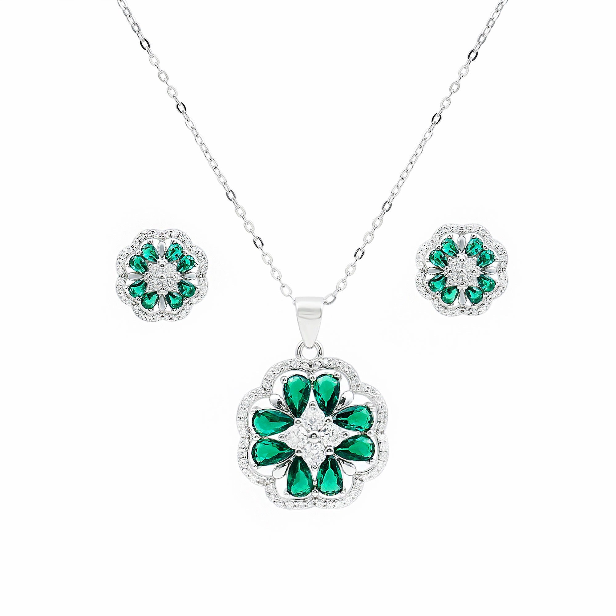 Lab Created Emerald and CZ Flower Necklace and Earrings Set
