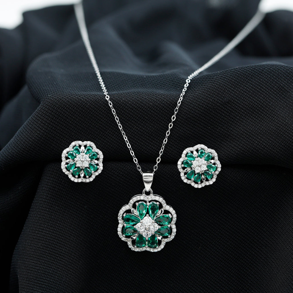 Lab Created Emerald and CZ Flower Necklace and Earrings Set