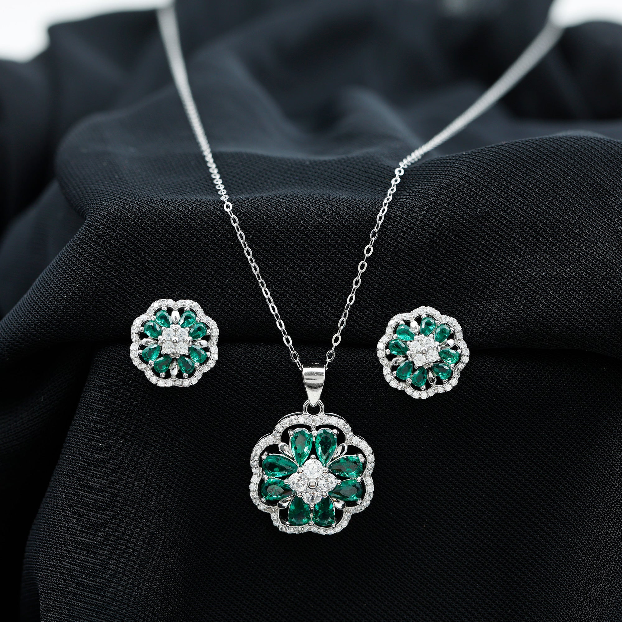 Lab Created Emerald and CZ Flower Necklace and Earrings Set