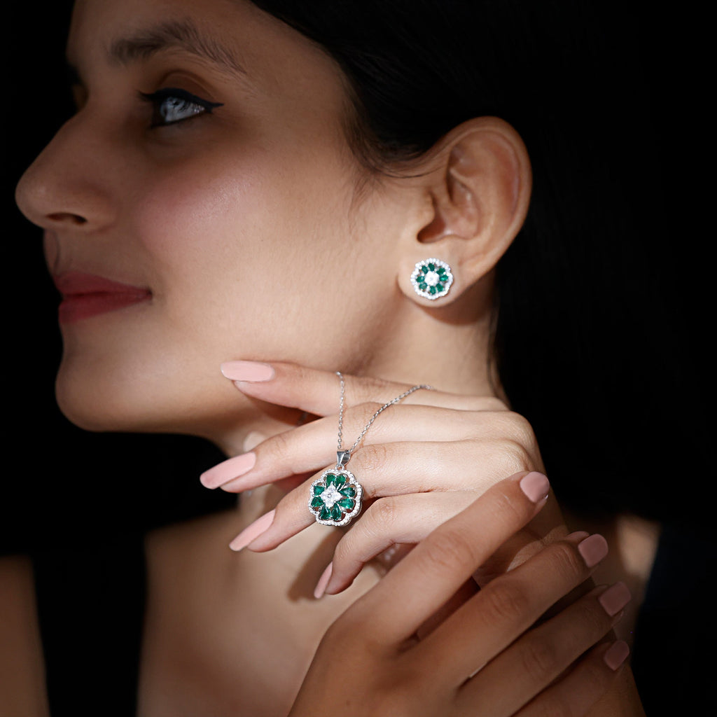 Lab Created Emerald and CZ Flower Necklace and Earrings Set