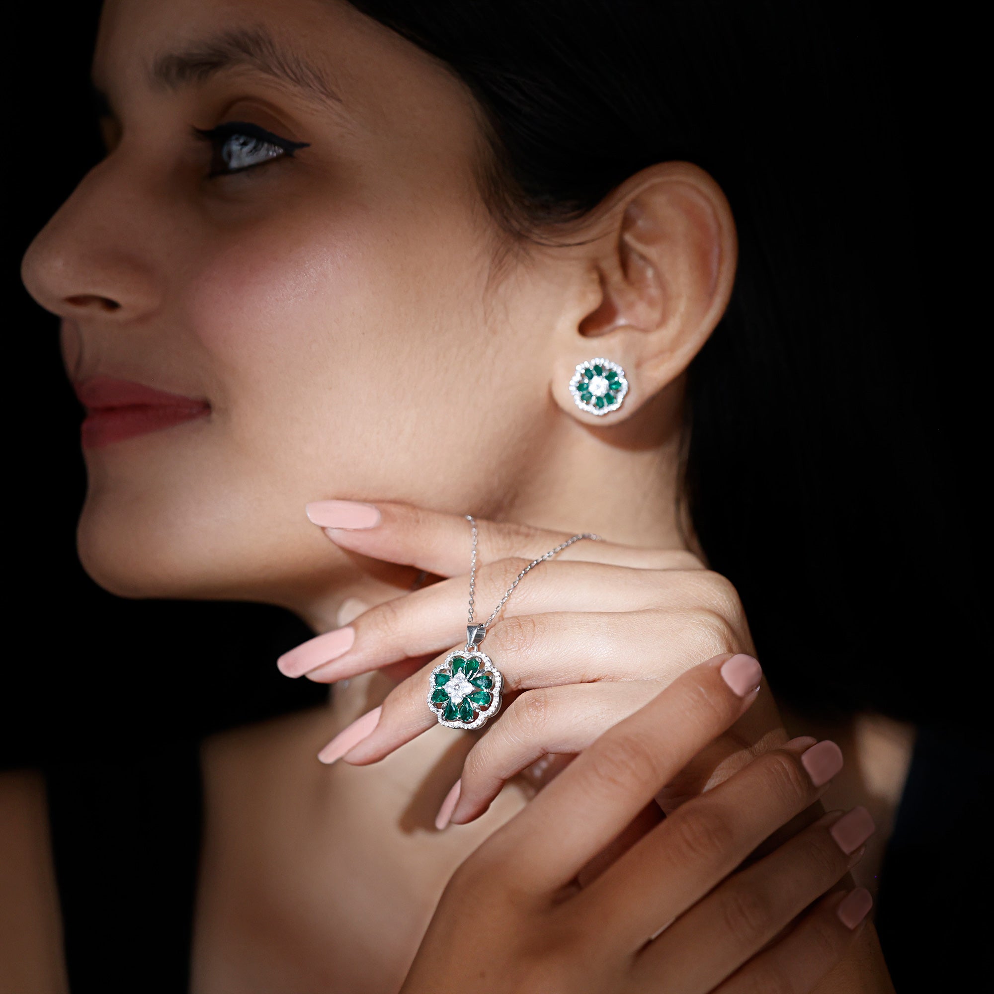 Lab Created Emerald and CZ Flower Necklace and Earrings Set