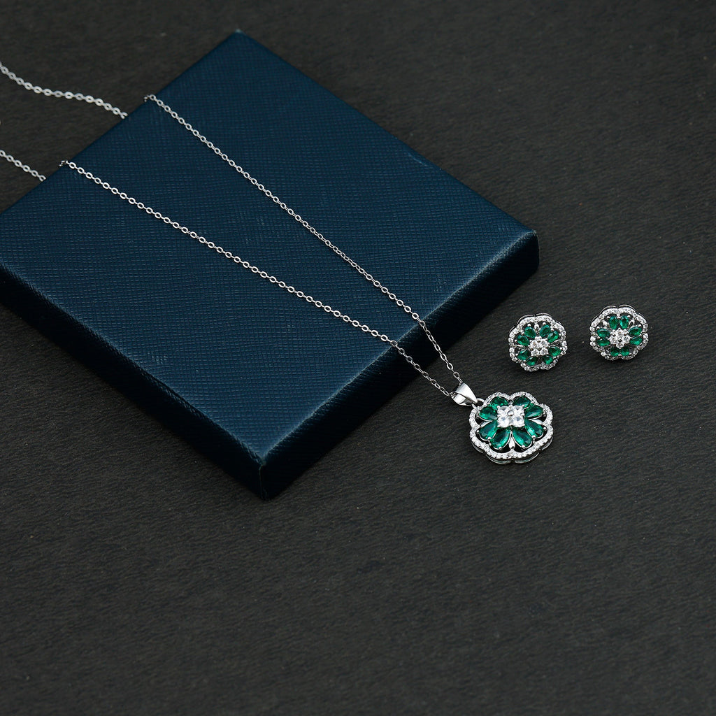 Lab Created Emerald and CZ Flower Necklace and Earrings Set