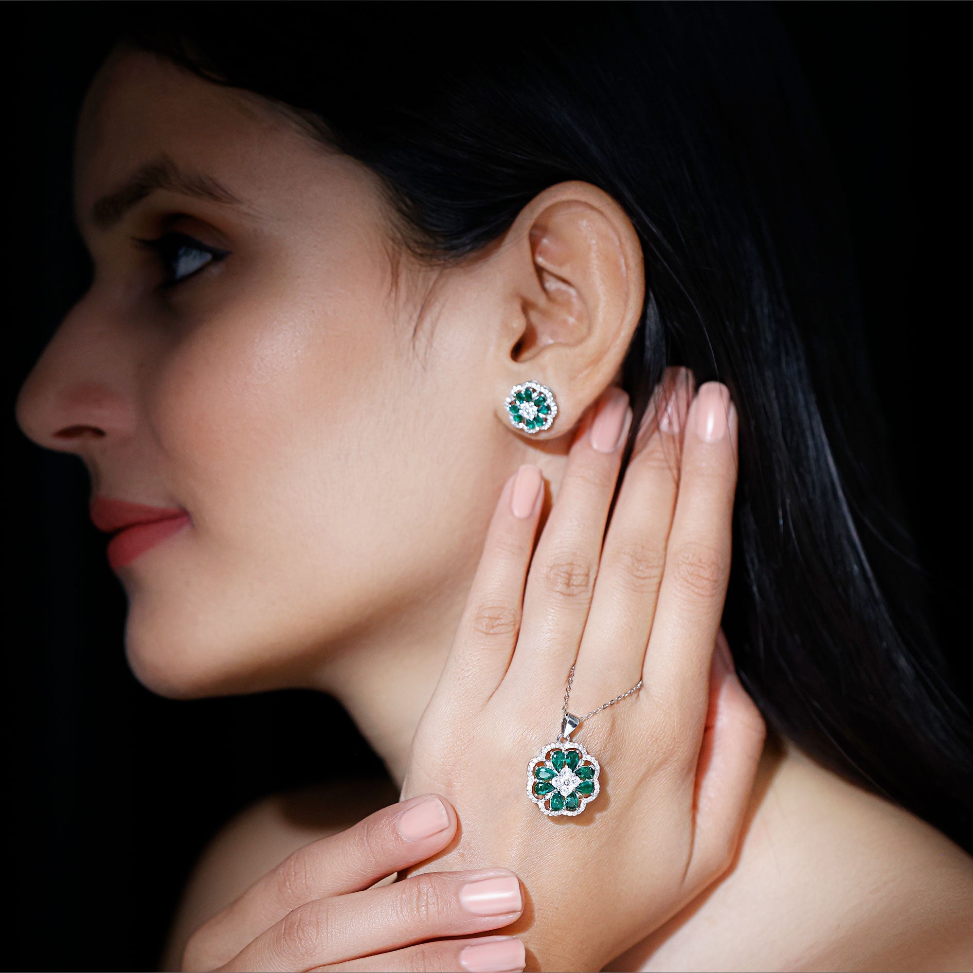 Lab Created Emerald and CZ Flower Necklace and Earrings Set